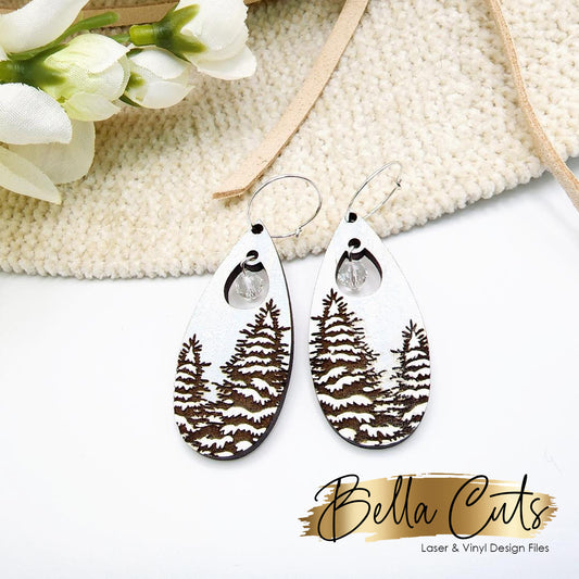 Snowy Pine Trees Laser Engraved Earrings Digital File Download, SVG DXF, Glowforge Ready, Commercial Use