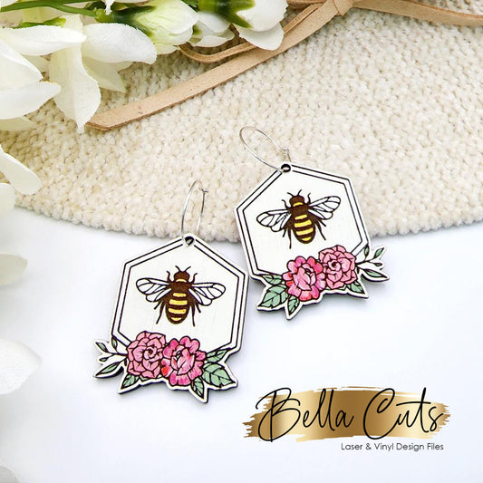 Floral Bee dangle laser cut earring SVG file for wood or acrylic