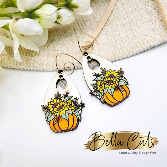 Fall Pumpkin Sunflower Laser Engraved Earrings Digital File Download, SVG DXF, Glowforge Ready, Commercial Use