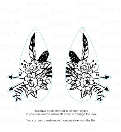 Floral Boho Feather Laser Engraved Earrings Digital Download, Laser Cut, SVG DXF, Glowforge Ready, Commercial Use