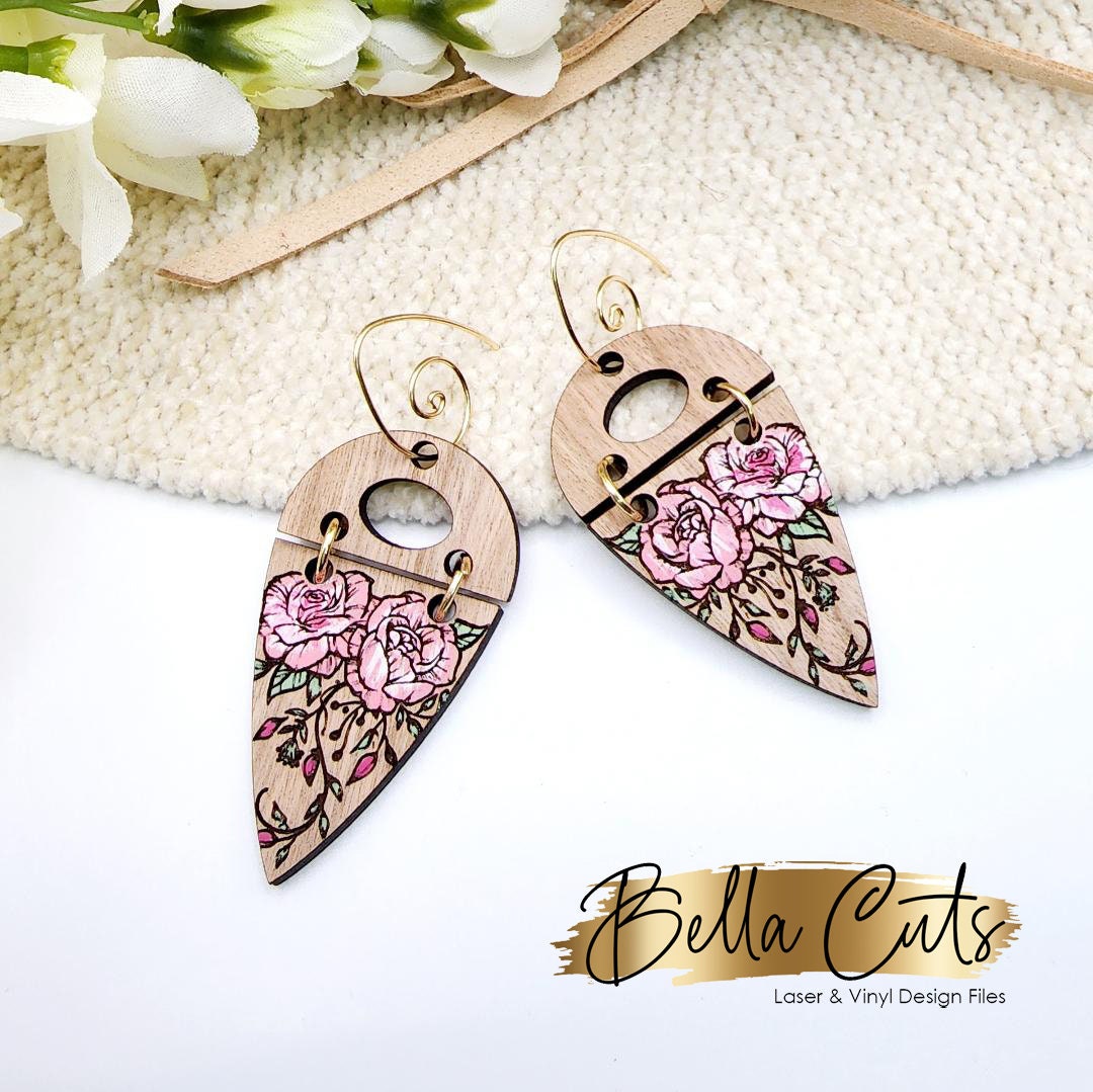 Floral Double Drop Laser Engraved Earrings Digital Download, Laser Cut, SVG DXF, Glowforge Ready, Commercial Use