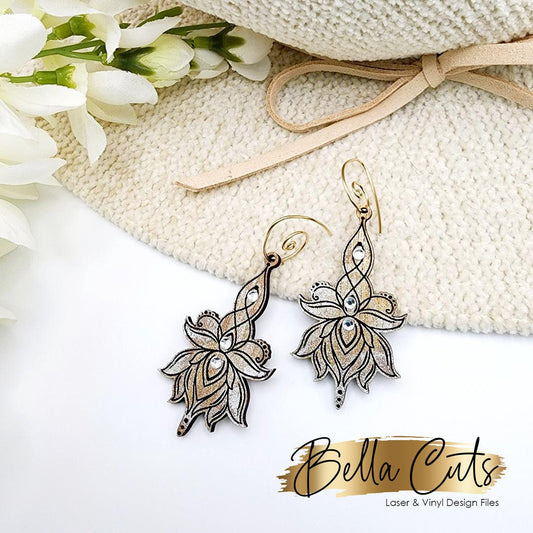 Lotus Flower Decorative Laser Cut Engraved Earrings, Digital File Download, SVG DXF, Glowforge Ready, Commercial Use #168