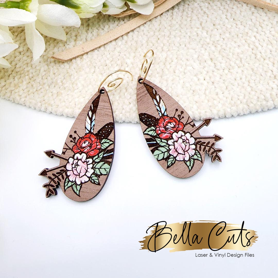 Floral Boho Feather Laser Engraved Earrings Digital Download, Laser Cut, SVG DXF, Glowforge Ready, Commercial Use