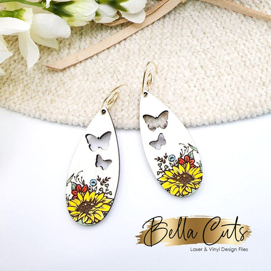 Sunflower with Butterfly Laser Engraved Earrings Digital Download, Laser Cut, SVG DXF, Glowforge Ready, Commercial Use