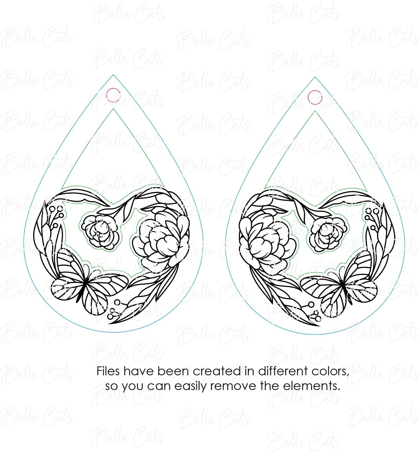 Butterfly Heart Garden laser cut dangle earring SVG file for wood or acrylic #247