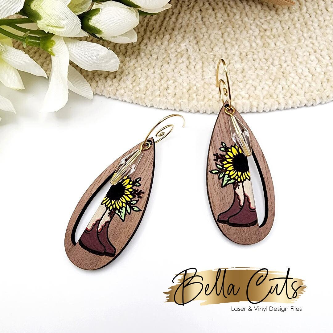 Country Western Boot Sunflower Laser Cut Engraved Earrings, Digital File Download, SVG DXF, Glowforge Ready, Commercial Use #308