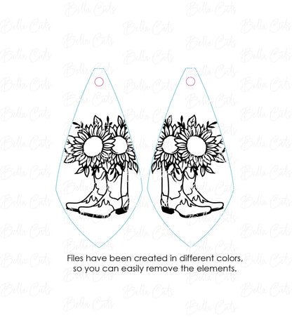 Boot Western Sunflower laser cut dangle earring SVG file for wood or acrylic #309