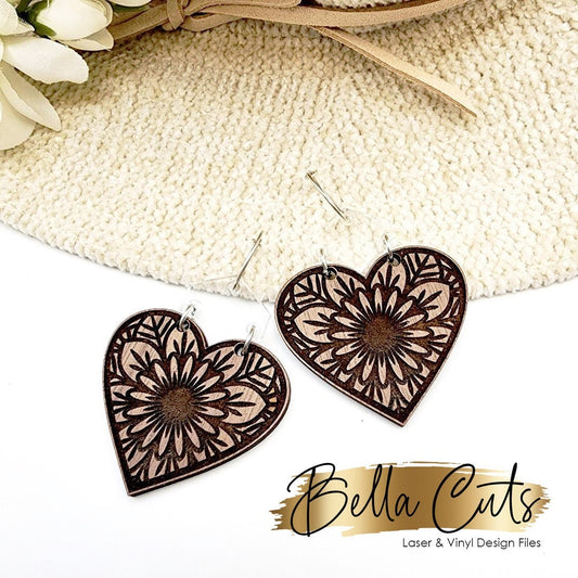 Mandala Heart Valentine laser cut dangle earring SVG file for wood or acrylic #319