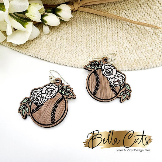 Baseball Floral Earring, Baseball Mom laser cut dangle earring SVG file for wood or acrylic, Commercial Use #377