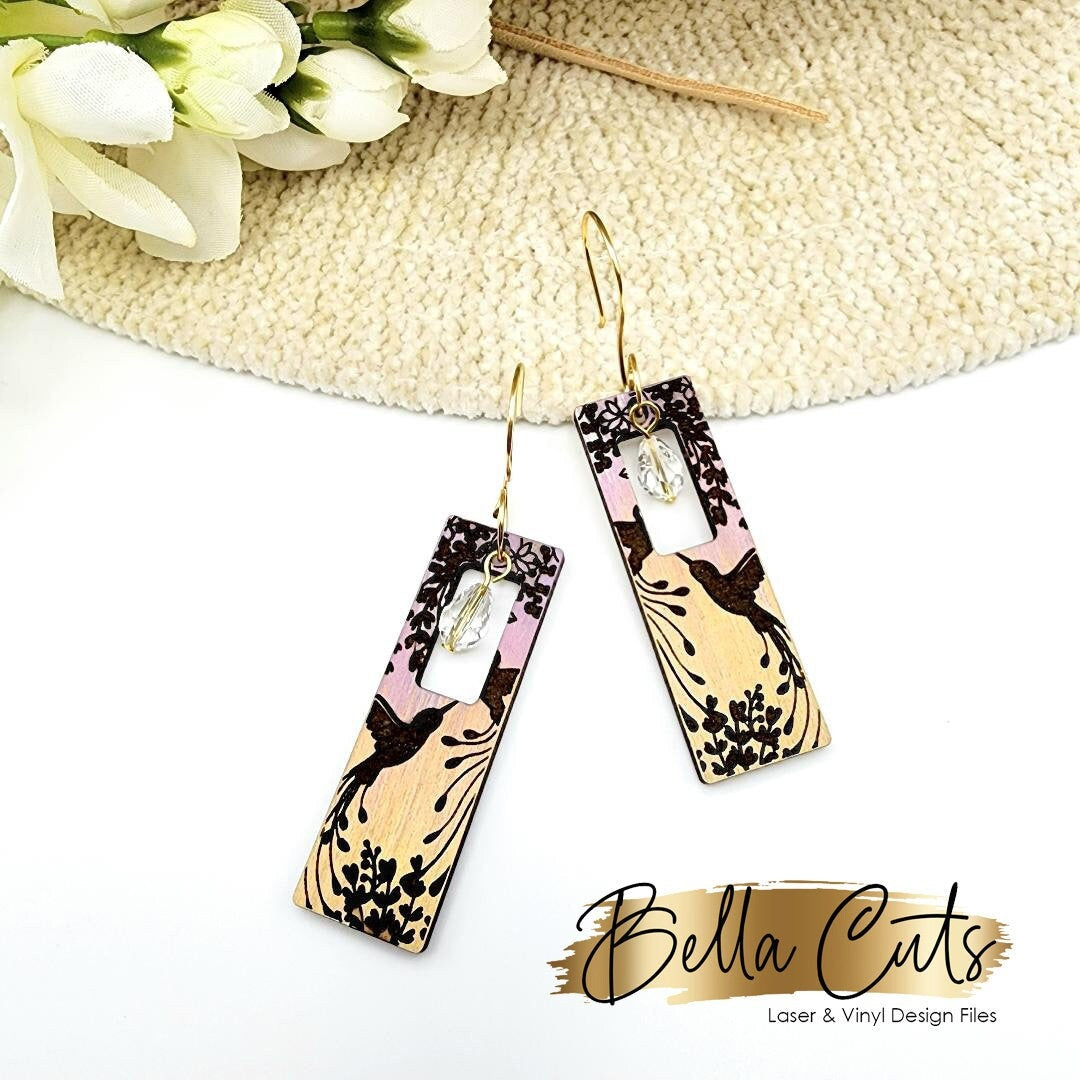 Decorative Floral Bird rectangle laser cut dangle earring SVG file for wood or acrylic #386