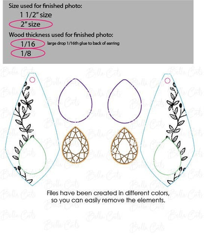 Vine Floral Earring laser cut dangle earring SVG file for wood or acrylic #385