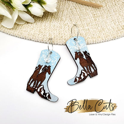 Horse and Boot Svg Earring, Mountain Earrings, Earrings Laser File, Dangle, laser cut dangle earring SVG file for wood or acrylic #388