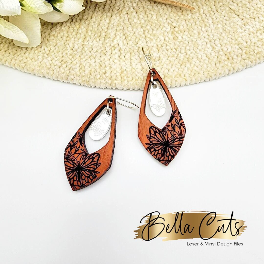 Butterfly Floral Drop laser cut dangle earring SVG file for wood or acrylic #358