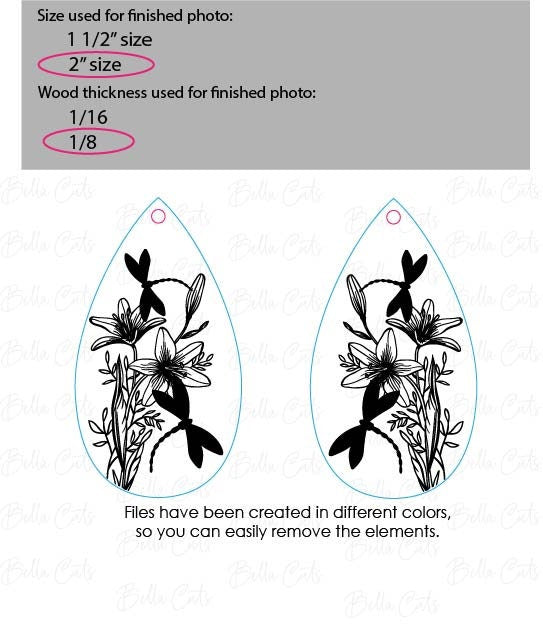 Floral Dragonfly Earring laser cut dangle earring SVG file for wood or acrylic #363