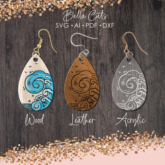 Ocean Wave Earrings Drop Svg, Tropical Earring Svg, Laser Cut Earrings, Drop Earrings SVG file for wood or acrylic #5011